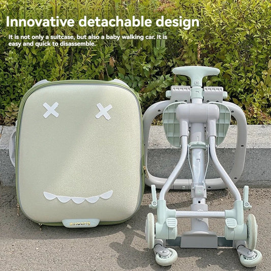 Detachable suitcase and baby walking car with text on an outdoor background